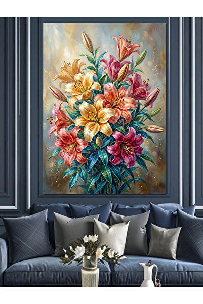 Artmeg Buchet de flori colorate de crin, pânză decorativă - Tablou din lemn MDF