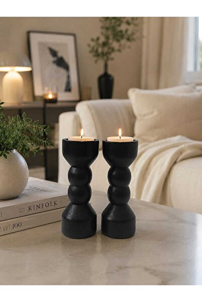 Dekoratif Ahşap Şamdan 2’li Set – Siyah – 12,5 cm Modern Şamdan