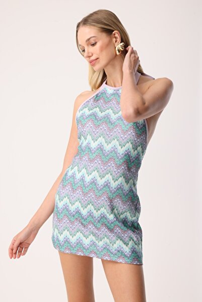 MİSSARWEN Zigzag Patterned Halter Neck Backless Lilac Women's Mini Dress with...