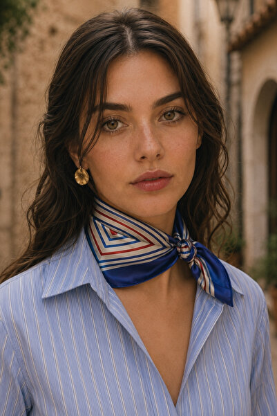 AFVENTE Geometric Frame Pattern Saks Blue Satin Bandana Scarf 50×50 cm