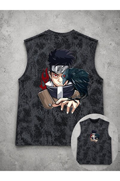 classy moda Unisex Black Washed Sleeveless Tank Top with Anime Print on the Back