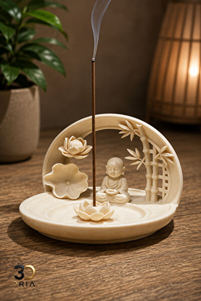 3DOria Zen Buda Tütsülük – Lotus Çiçekli Meditasyon Figürü, Bambu Detaylı Dek...