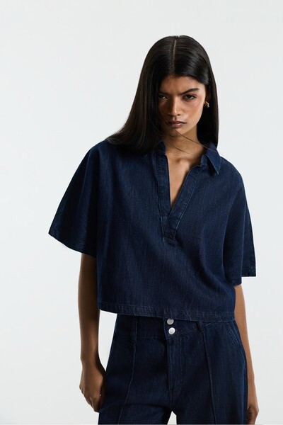 LEFTIES İndigo crop denim gömlek
