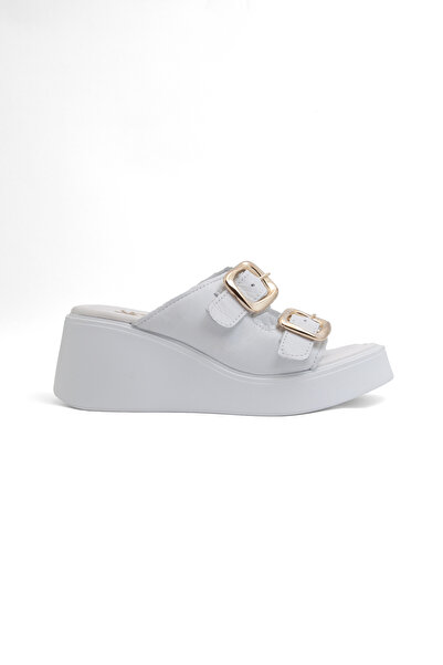 Mamito Ayakkabı Dl 40 Double Buckle Detailed High-Sole Genuine Leather Slippers