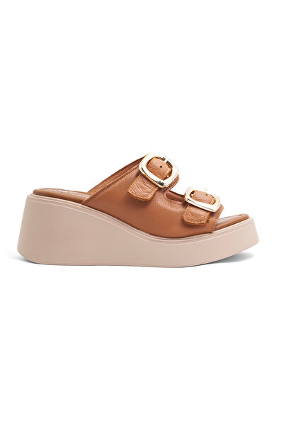 Mamito Ayakkabı Dl 40 Double Buckle Detailed High-Sole Genuine Leather Slippers
