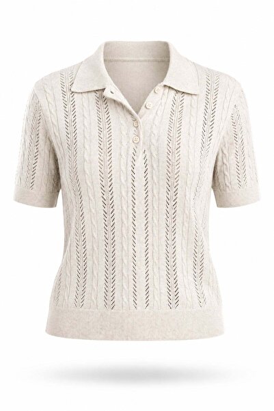 5in1Canpolat Beige Polo Collar Openwork Knitwear 261063