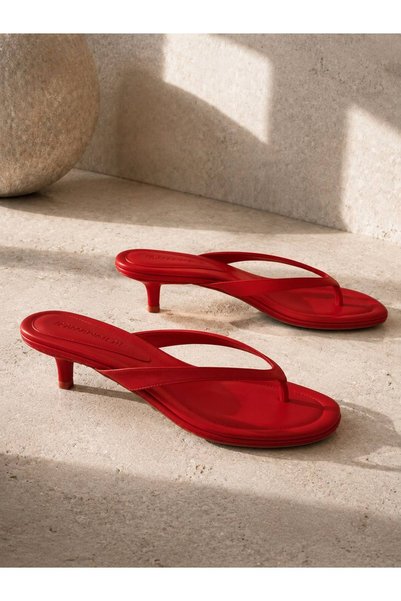 İncimoda Red Leather Flip-Flop Heeled Slippers Orthopedic Women's Sandals 5cm Heel
