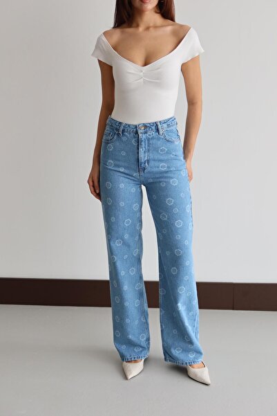 Moda Days Women's Black High Waist Floral Pattern Wide Leg 100% Cotton Jean T...