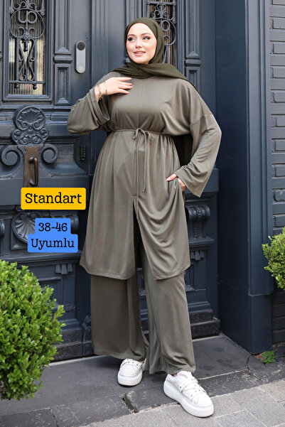 Mogi Butik Women's Cupra Pique Fabric Lace-Up Long Tunic Hijab Set 3221 Khaki