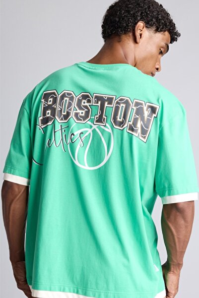 DeFacto Nba Boston Celtics Back Printed Stripe Detailed Oversize Crew Neck Sh...