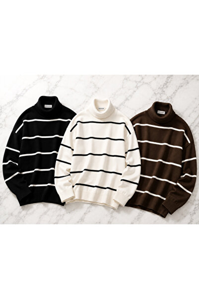 DepoExport Women's 3-Piece Striped Knitwear Sweater Oversize Loose Design