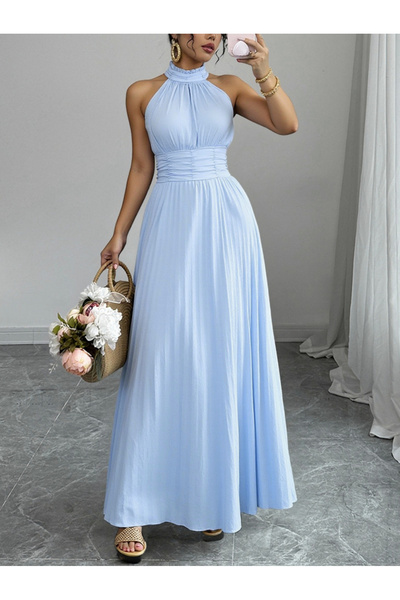 Take Two By Styli Blue High Halter Neck Pleated Maxi Dress