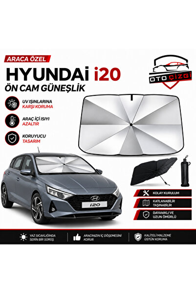Oto Çizgi Hyundai i20 Şemsiye Tip Ön Cam Güneşliği Katlanabilir UV Korumalı A...