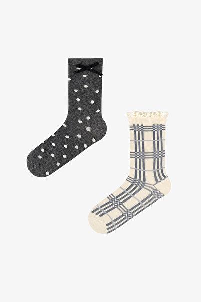 Penti Plaid Lace Ekoseli Pamuklu 2 Çift Soket Çorap