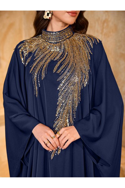 SUPGIR Navy Blue Sequin Yoke High Neck Maxi Kaftan