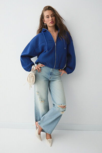 ETHIQUET VALIT Kadın Çift Cepli Eteği Ve Kol Ucu Lastikli Fermuarlı Oversize Saks Mavi Sweatshirt