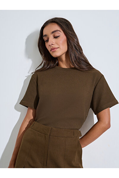 Styli Brown Flat Knit Round Neck T-Shirt