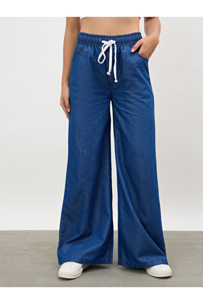 Sassafras By Styli Navy Blue Wide-Leg Denim Drawstring Pants