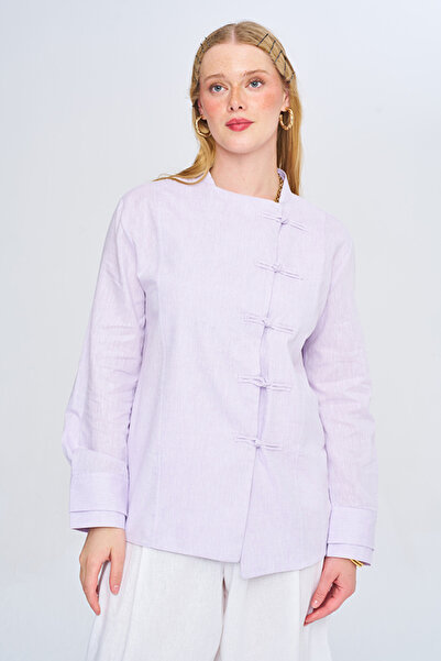 Orfeo Negro Women's Chinese Collar Crossed Buttoned Long Sleeve Shirt