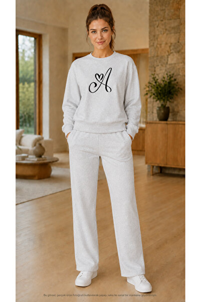 TREND EMMODA Women's Heart Detailed Letter a Printed Tracksuit Set / Round Ne...