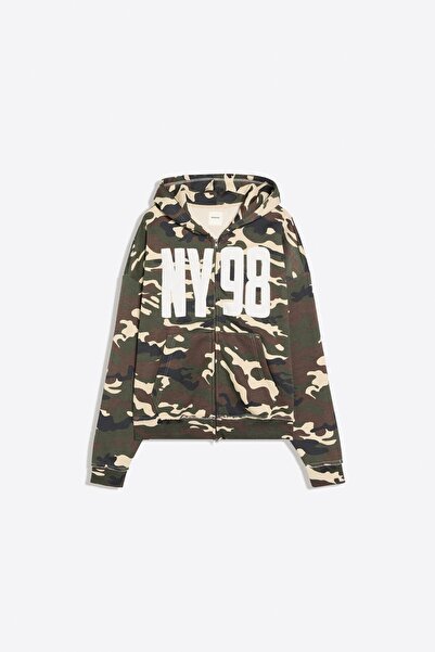 Bershka Kamuflaj desenli kapüşonlu fermuarlı sweatshirt