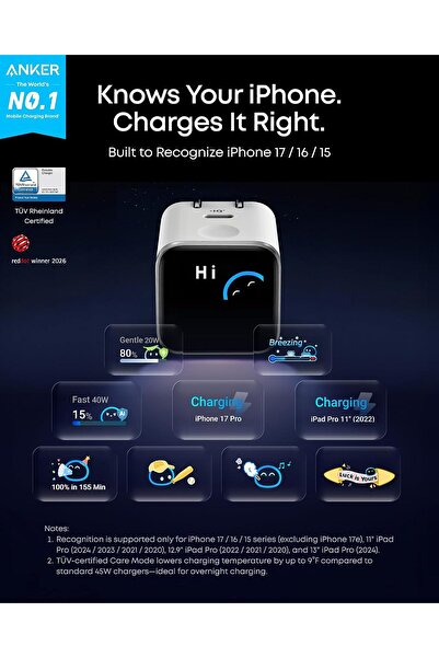Generic Anker Nano Smart Display Charger, 45W Fast Charging USB C Charger with Smart Recognition, Built-in Maintenance Mode, Compact with 180° Foldable Plug for iPhone 17/16
