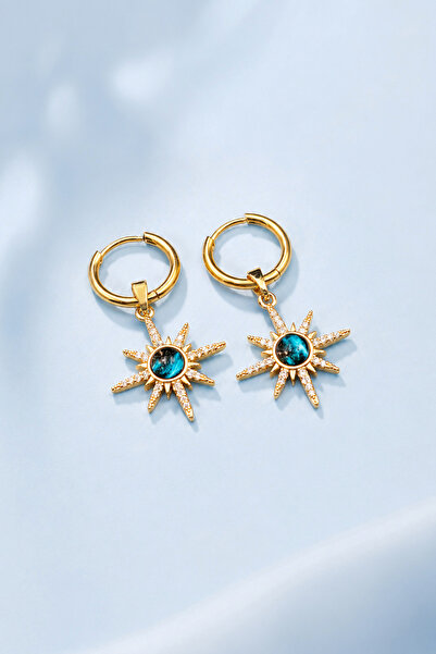 THE Steel Steel Gold Color Blue Stone Sun Figured Hoop Earrings