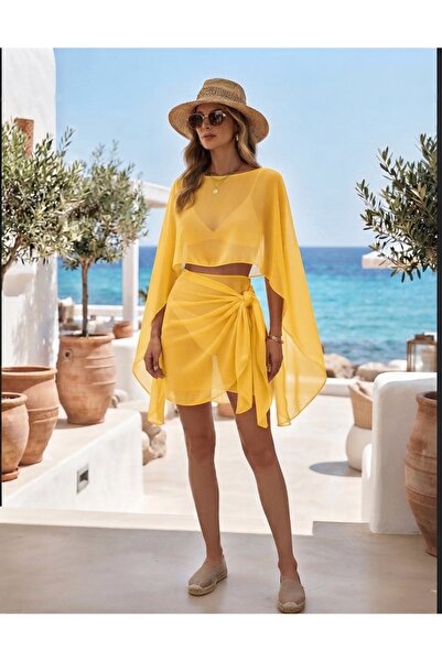 Maser Gold Yellow Chiffon Cape Crop Top and Wrap Mini Skirt Beach Pareo Set
