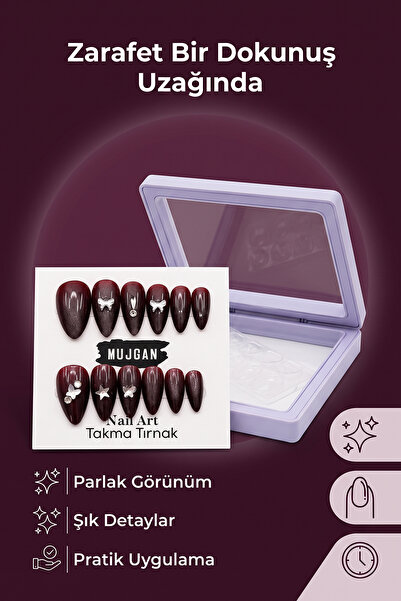 MUJGAN 12’li Takma Tırnak Seti Nail Art Desenli Parlak Görünüm Bordo Renk
