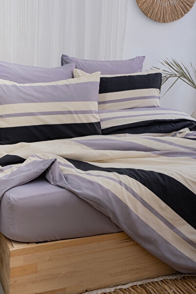 BESTİNA GOLD Zade Striped Double Duvet Cover Set (with Elastic Sheets)