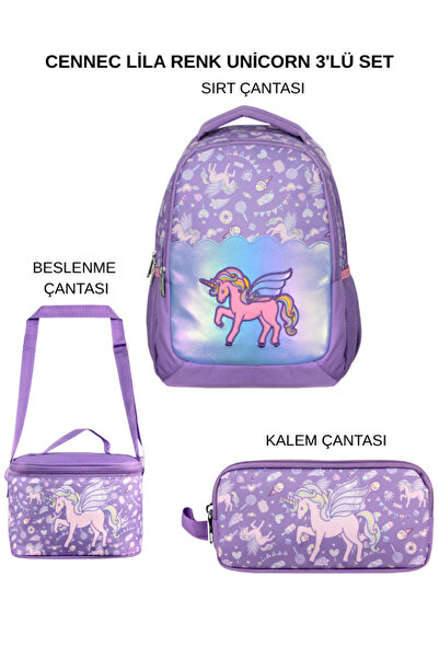 ÜMİT ÇANTA Cennec Lilac Color Unicorn Backpack – Lunch Bag – Pencil Bag Set of 3