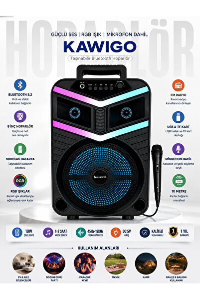 kawigo Bluetooth 5.2 Hoparlör Mikrofonlu RGB Işıklı FM Radyo USB TF Kart Destekli Taşınabilir Karaoke Hoparlör