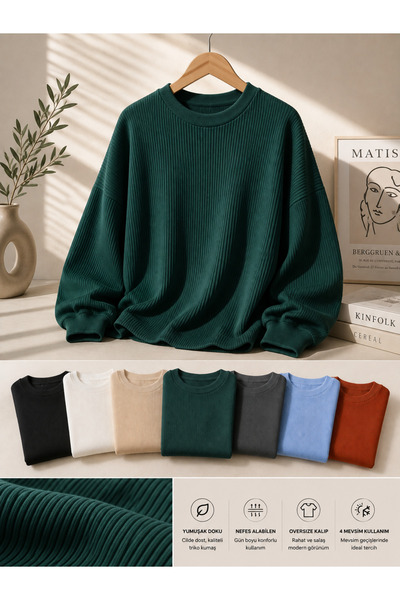threeoff Men's Oversize Ribbed Knit Sweater Crew Neck Long Sleeve Casual Basi...