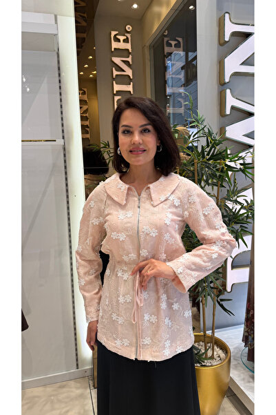 DAWN LİNE Kadın Pudra Çiçek Nakışlı Fermuarlı Astarlı Ceket | Beli Bağcıklı C...