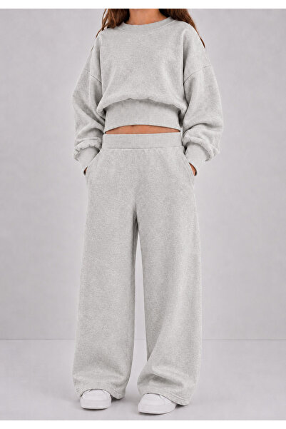 haha Kız Çocuk Oversize Sweatshirt Bol Paça Eşofman Takımı 2'li Kışlık Spor Takım