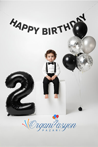 Organizasyon Pazarı Black Silver Age Balloon Birthday Party Set Happy Birthda...