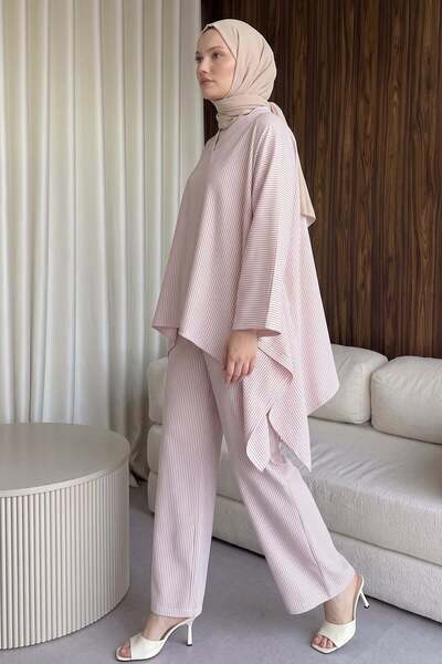 Salih Çelebi Asymmetrical Cut Striped Suit Y0164 - Pink