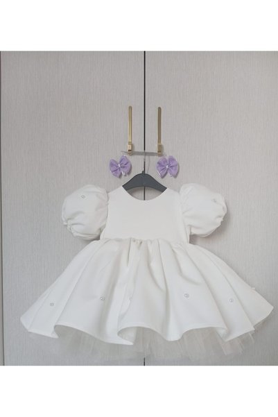 GOLD TEKSTİL Girl's Fluffy Tulle Pearl Evening Dress Giant Bow Birthday Dress (with Buckle Gift)