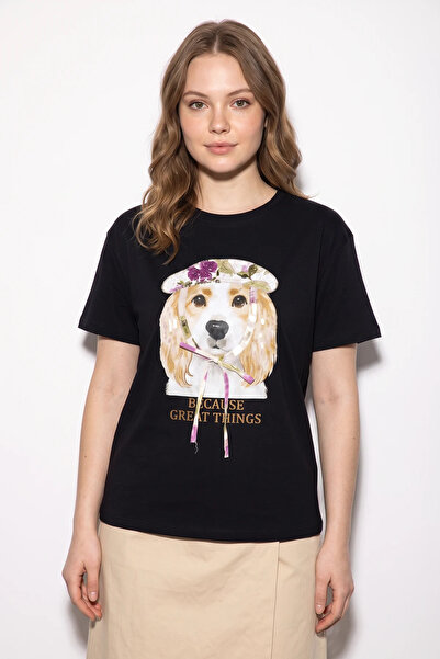 Şeker Portakalım Women's Printed Sequin Detailed Bow Black T-Shirt