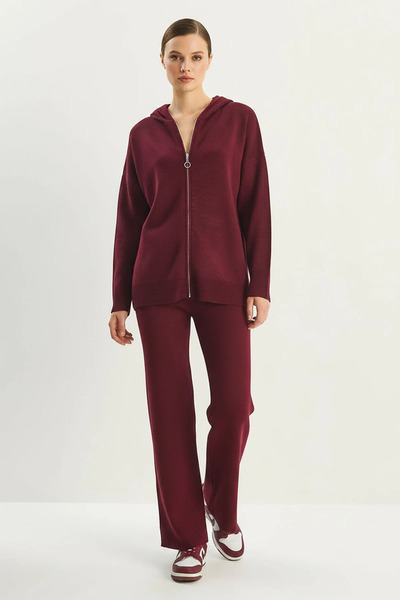Efnaz style Women's Hooded Relax Fit High Waist Knitwear Burgundy Set