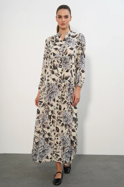Efnaz style Women's High Collar Gathered Waist Floral Patterned Viscose Anthr...