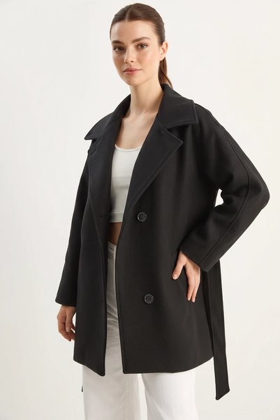 Çocux Kids Wear Kadın Kruvaze Yaka Cep Detaylı Kuşaklı Astarlı Kaşe Siyah Kaban