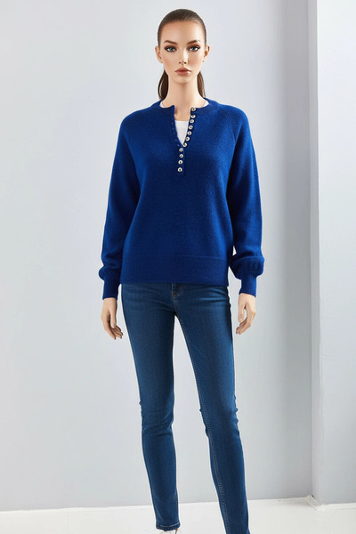 Şeker Portakalım Women's Ribbed Turtleneck Striped Knitwear Navy Blue Sweater