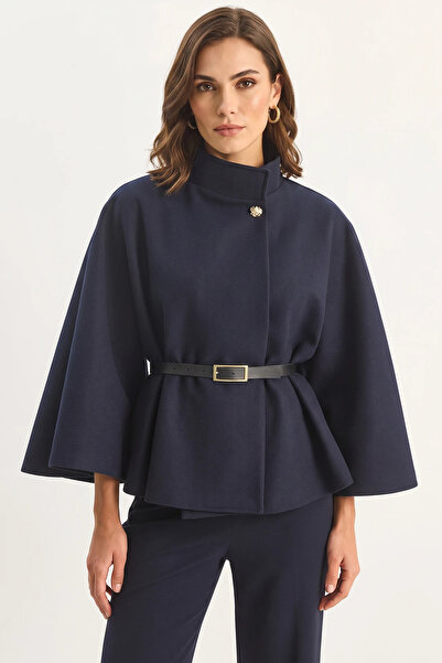 Generic Brand Women's Gold Button Detailed Belted Poncho Navy Blue