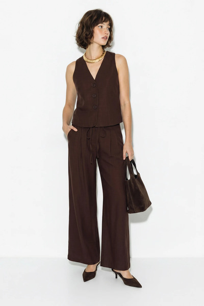 Şeker Portakalım Women's V-Neck Buttoned Vest Wide Leg Bitter Coffee Suit