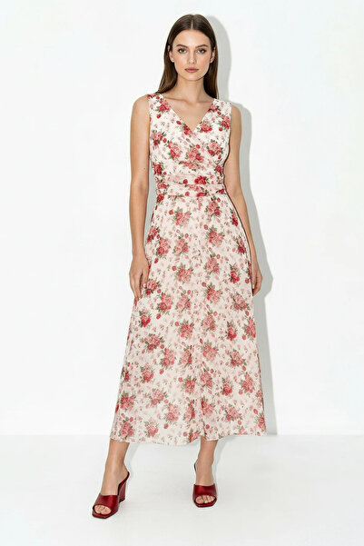 Generic Brand Women's V-Neck Floral Patterned Lined Chiffon Midi Dress De Red