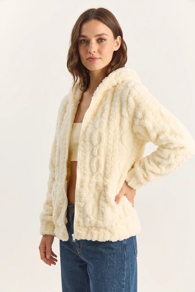 Generic Brand Cardigan de damă, de pluș, crem, cu glugă, cu fermoar și buzunare, cu model personalizat
