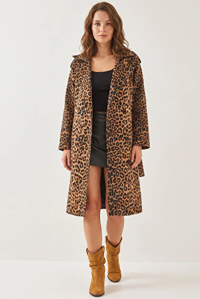 Efnaz style Women's Leopard Patterned Trench Coat Black Camel