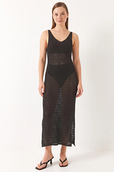 Şeker Portakalım Women's V-Neck Slit Detailed Openwork Black Dress