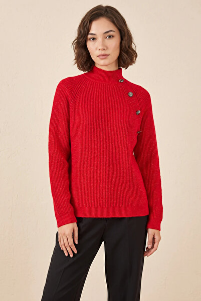 Efnaz style Women's Half Turtleneck Loose Red Sweater with Accessory Detail